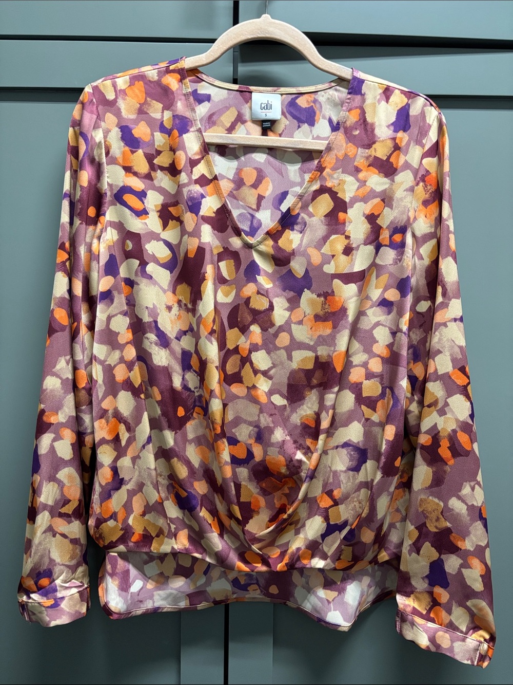 CAbi Abstract V-Neck Blouse in Purple, Cream & Orange